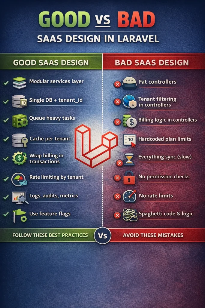 Good vs bad SaaS design in Laravel showing best practices versus common architectural mistakes
