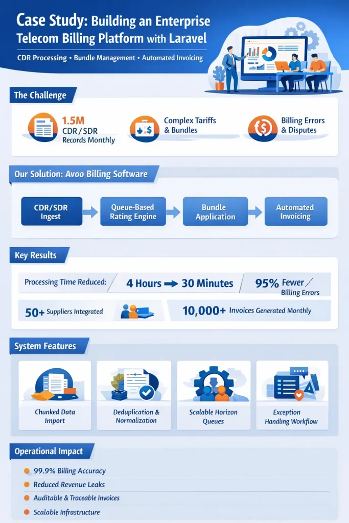 Infographic case study showing Avoo Billing Software built with Laravel: CDR/SDR ingest, queue-based rating, bundle application, automated invoicing, key results, and system features.