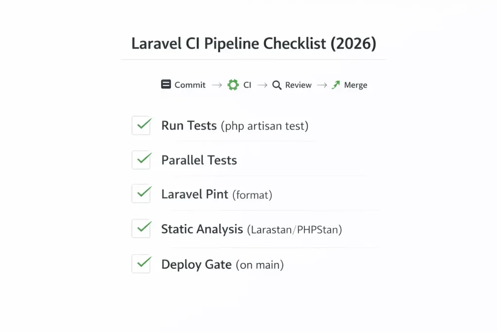 CI checklist for Laravel tests, Pint, and static analysis
