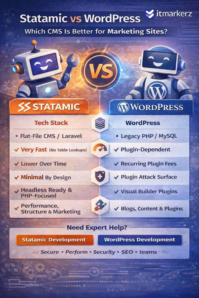 Infographic comparing Statamic vs WordPress in 2026 for marketing websites, highlighting differences in tech stack, performance, cost, security, content flexibility, and overall focus, with itmarkerz branding.